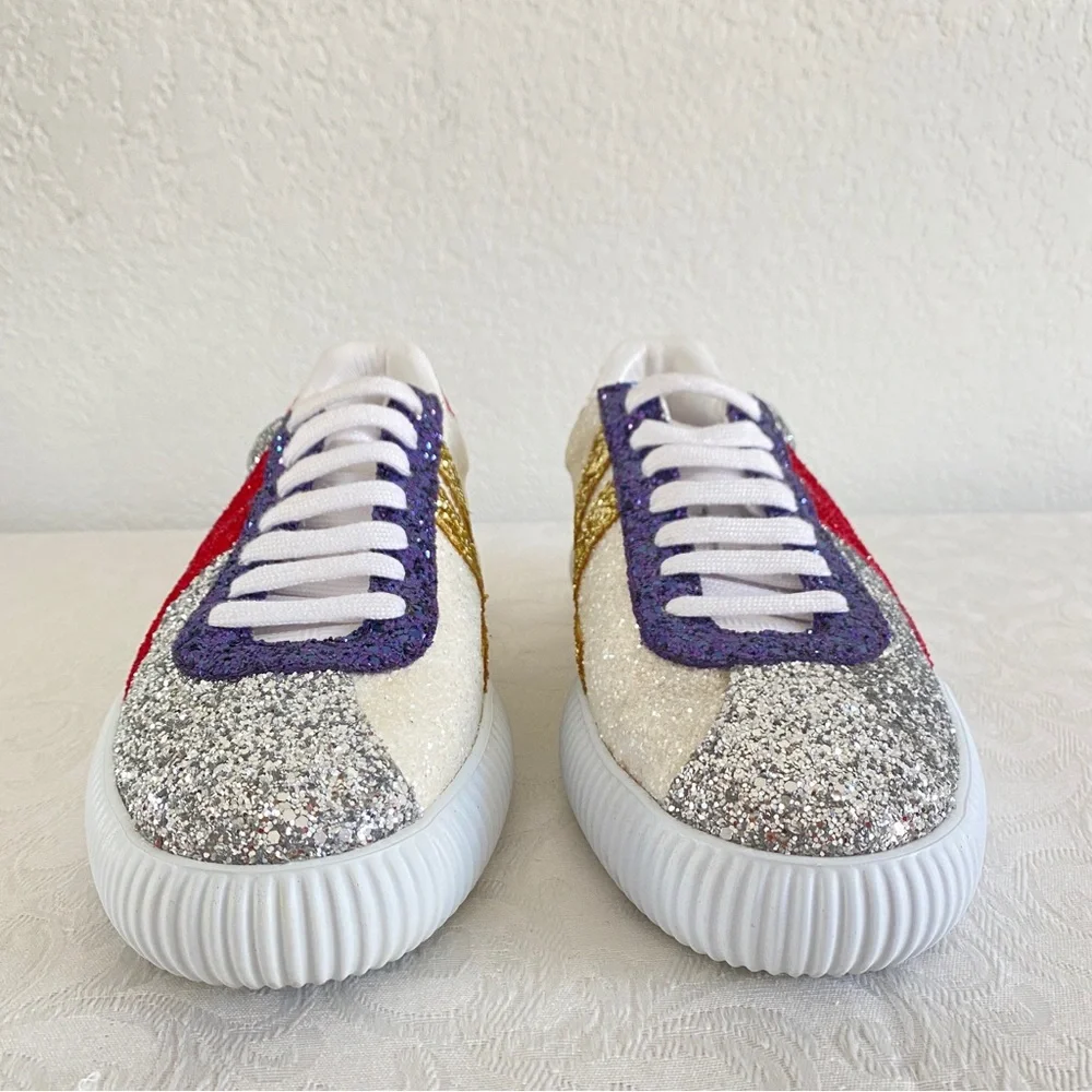 LANVIN GLEN LOW TOP SNEAKERS - SILVER/RED